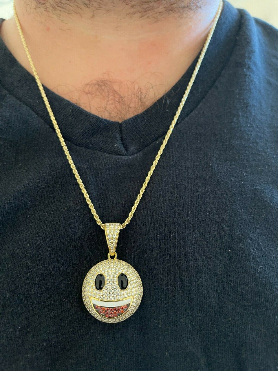 Hip Hop Real 925 Sterling Silver Hip Hop Smiley Face Emoji Pendant Necklace Iced Gold