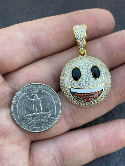 Hip Hop Real 925 Sterling Silver Hip Hop Smiley Face Emoji Pendant Necklace Iced Gold
