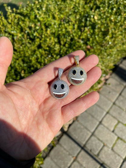 Hip Hop Real 925 Sterling Silver Hip Hop Smiley Face Emoji Pendant Necklace Iced Gold