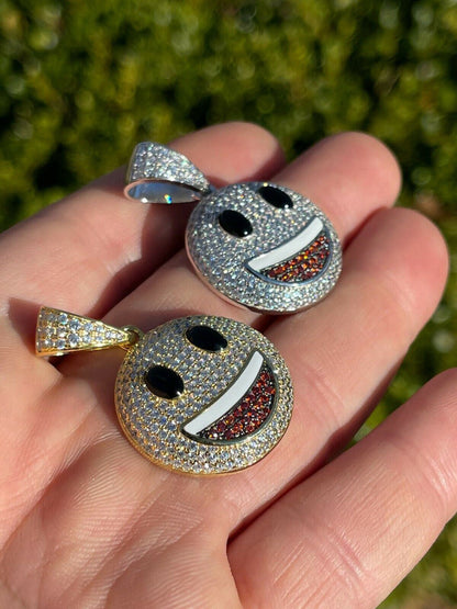 Hip Hop Real 925 Sterling Silver Hip Hop Smiley Face Emoji Pendant Necklace Iced Gold