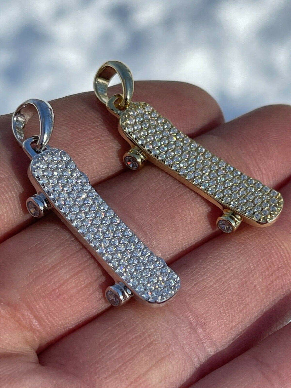 Hip Hop Real 925 Sterling Silver Iced Diamond Skateboard Pendant Hip Hop Gold Necklace