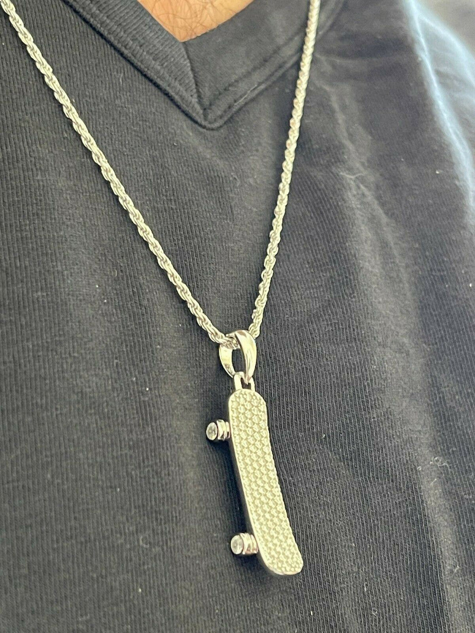 Hip Hop Real 925 Sterling Silver Iced Diamond Skateboard Pendant Hip Hop Gold Necklace