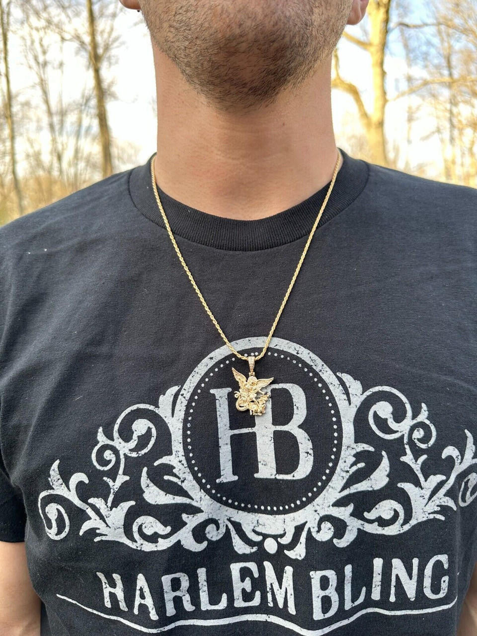 Hip Hop Real Diamond Saint Michael Archangel Pendant Solid 14k Gold Necklace Pendant