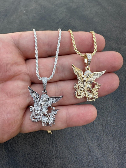 Hip Hop Real Diamond Saint Michael Archangel Pendant Solid 925 Silver Necklace Pendant