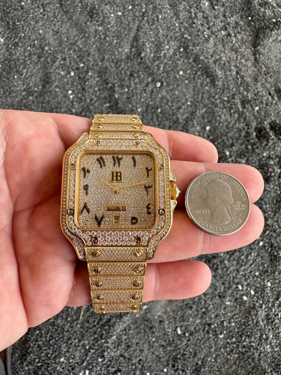 Hip Hop Real Hip Hop Watch Fully Iced Mens Automatic Movement Gold Stainless Arabic