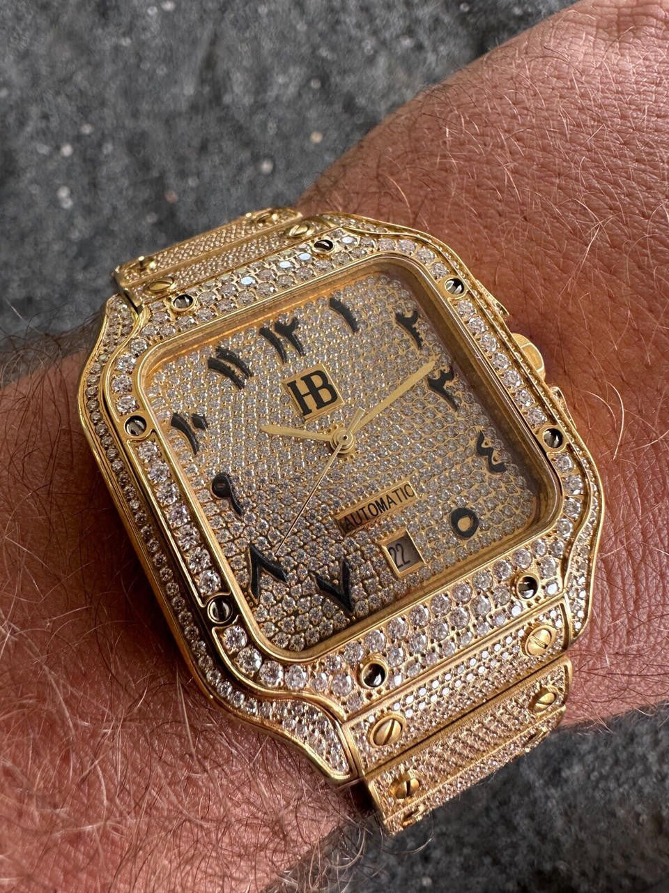 Hip Hop Real Hip Hop Watch Fully Iced Mens Automatic Movement Gold Stainless Arabic