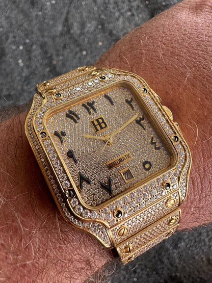 Hip Hop Real Hip Hop Watch Fully Iced Mens Automatic Movement Gold Stainless Arabic