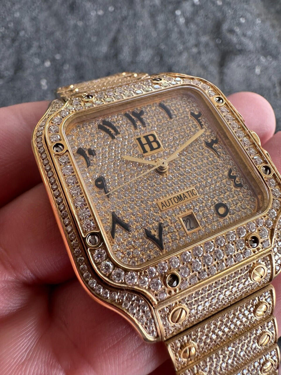 Hip Hop Real Hip Hop Watch Fully Iced Mens Automatic Movement Gold Stainless Arabic