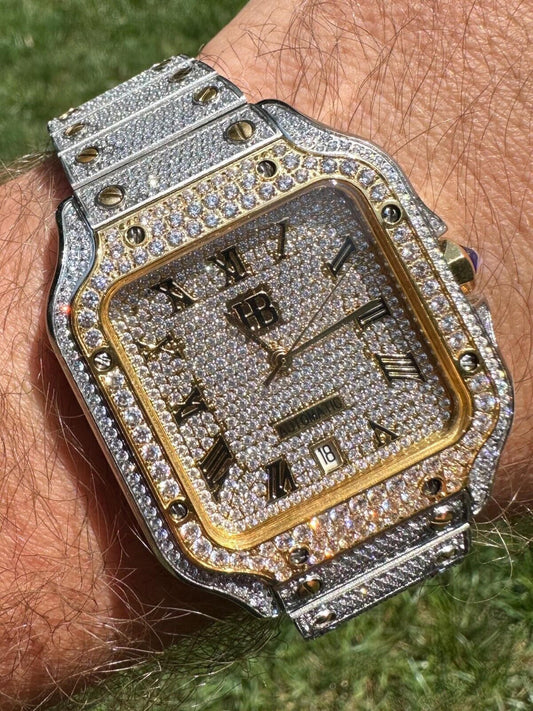 Hip Hop Real Iced Harlembling Mens Watch Real Automatic Movement Hip Hop Two Tone Gold