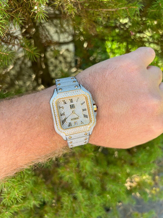 Hip Hop Real Iced Harlembling Mens Watch Real Automatic Movement Hip Hop Two Tone Gold