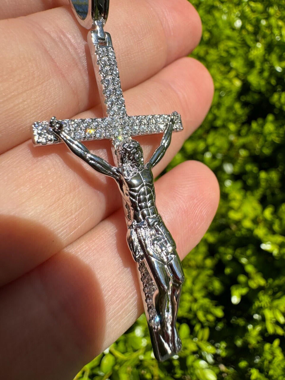 Hip Hop Real Iced Hip Hop Jesus On Cross Pendant - Real 925 Silver 2" Mens Necklace