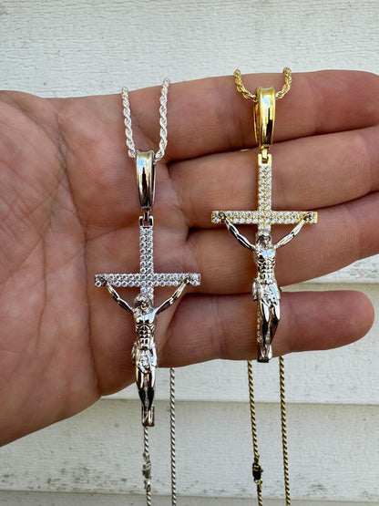 Hip Hop Real Iced Hip Hop Jesus On Cross Pendant - Real 925 Silver 2" Mens Necklace