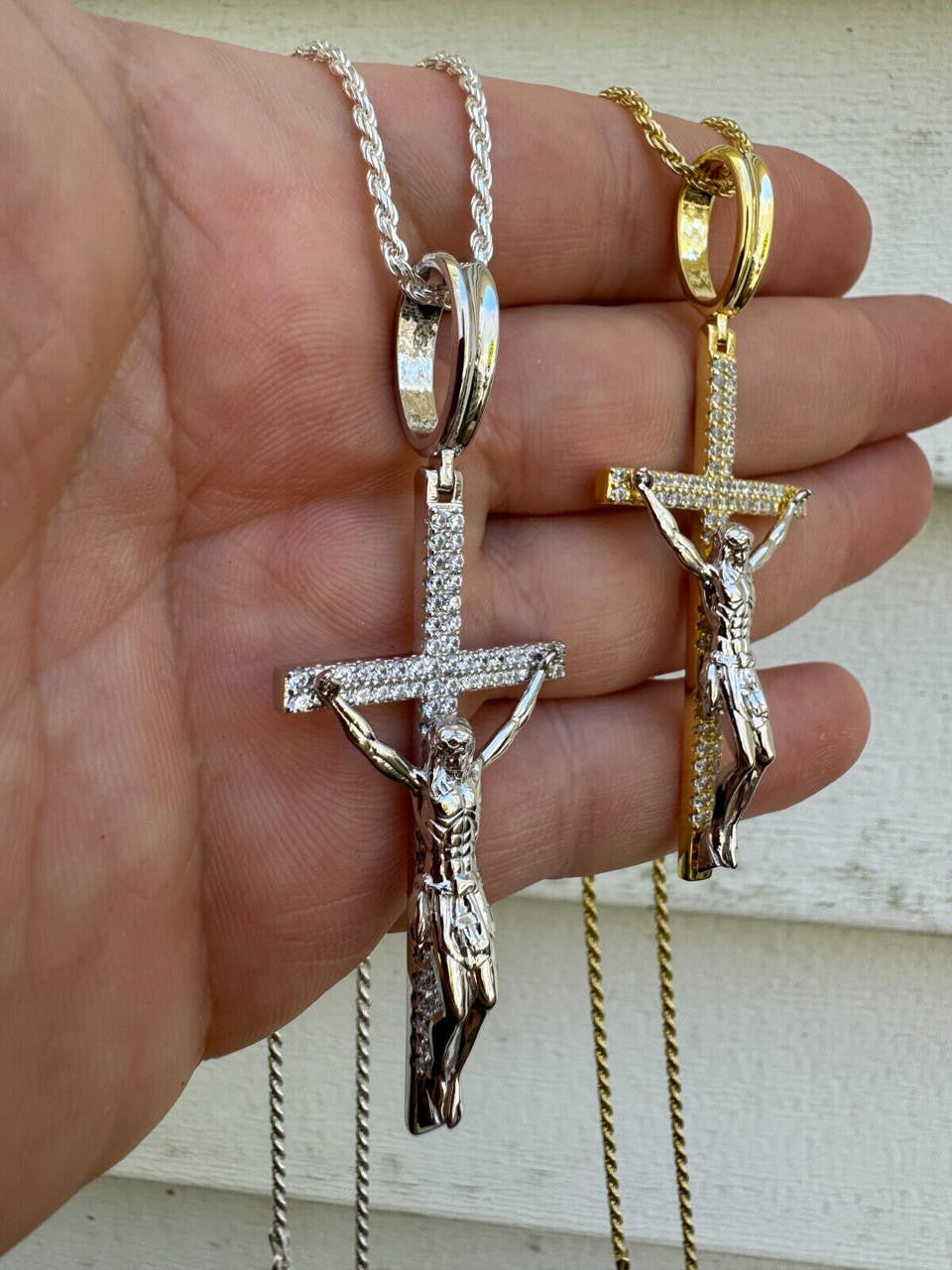 Hip Hop Real Iced Hip Hop Jesus On Cross Pendant - Real 925 Silver 2" Mens Necklace