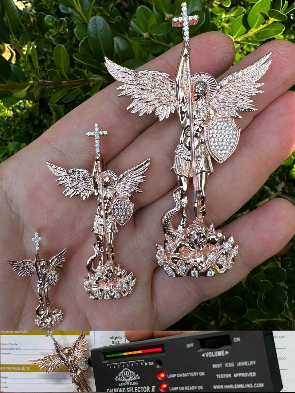 Hip Hop Real Iced MOISSANITE Saint Michael & Dragon Pendant 14k Rose Gold 925 Silver