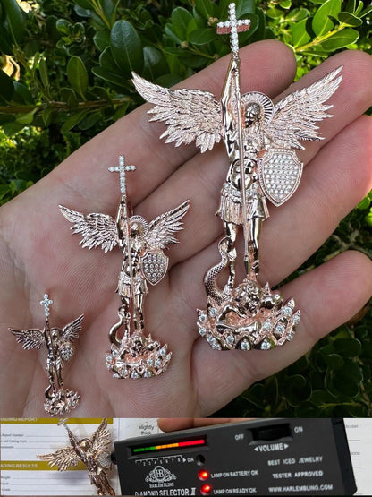 Hip Hop Real Iced MOISSANITE Saint Michael & Dragon Pendant 14k Rose Gold 925 Silver