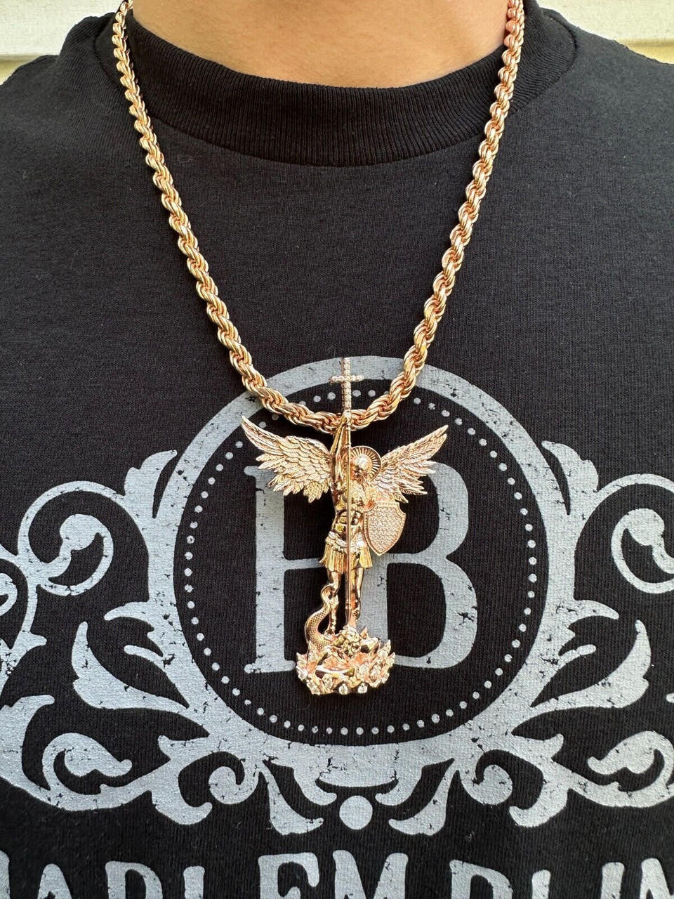 Hip Hop Real Iced MOISSANITE Saint Michael & Dragon Pendant 14k Rose Gold 925 Silver