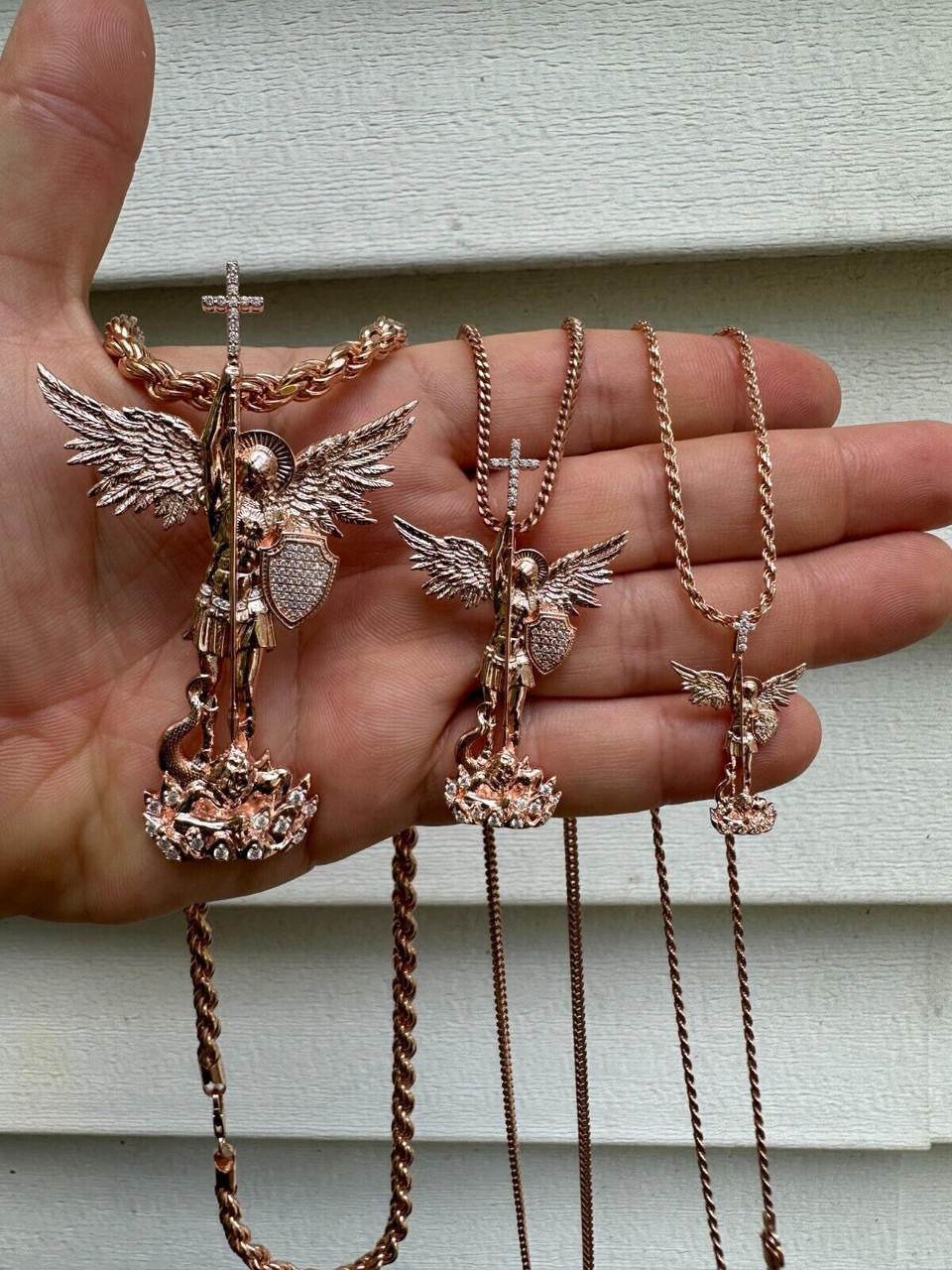 Hip Hop Real Iced MOISSANITE Saint Michael & Dragon Pendant 14k Rose Gold 925 Silver