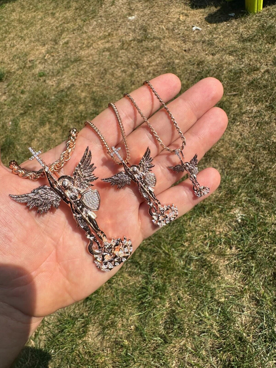 Hip Hop Real Iced MOISSANITE Saint Michael & Dragon Pendant 14k Rose Gold 925 Silver