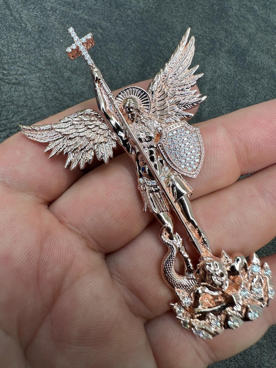 Hip Hop Real Iced MOISSANITE Saint Michael & Dragon Pendant 14k Rose Gold 925 Silver