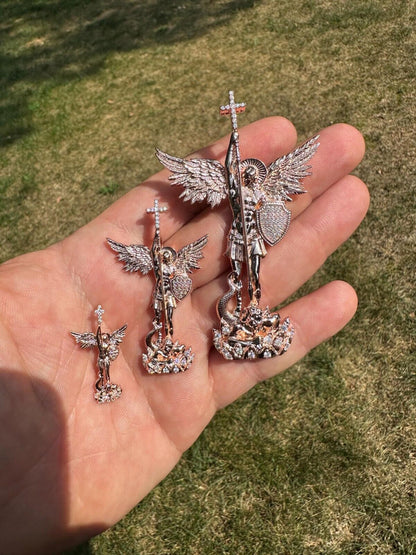 Hip Hop Real Iced MOISSANITE Saint Michael & Dragon Pendant 14k Rose Gold 925 Silver