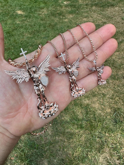 Hip Hop Real Iced MOISSANITE Saint Michael & Dragon Pendant 14k Rose Gold 925 Silver
