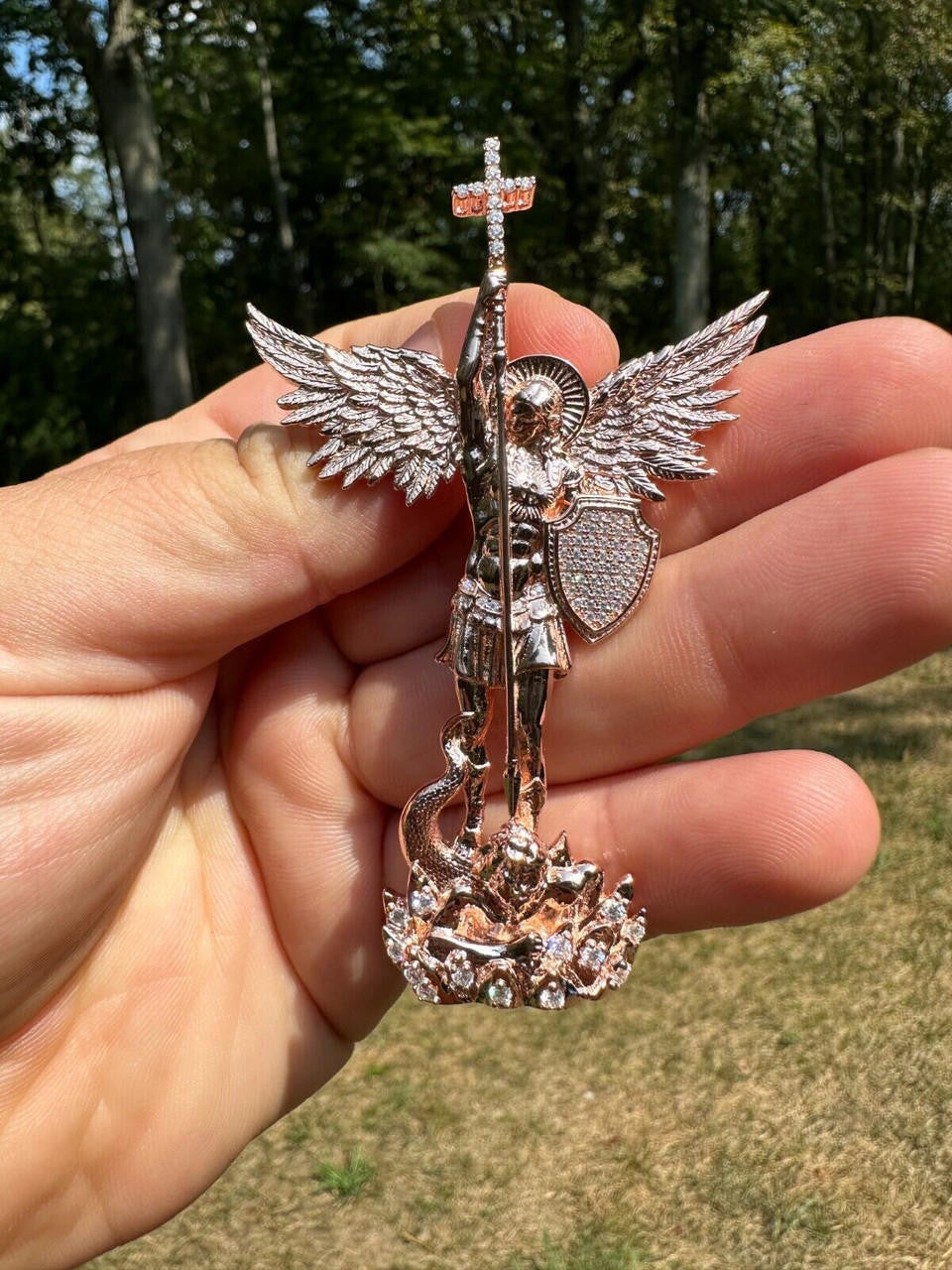 Hip Hop Real Iced MOISSANITE Saint Michael & Dragon Pendant 14k Rose Gold 925 Silver