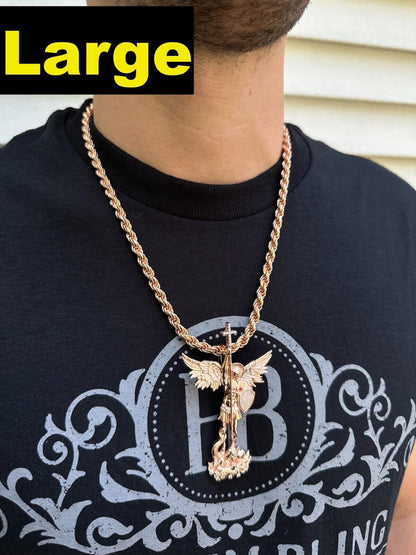 Hip Hop Real Iced MOISSANITE Saint Michael & Dragon Pendant 14k Rose Gold 925 Silver