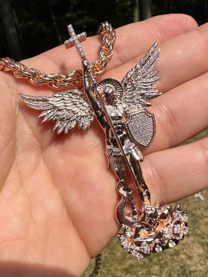 Hip Hop Real Iced MOISSANITE Saint Michael & Dragon Pendant 14k Rose Gold 925 Silver