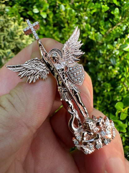 Hip Hop Real Iced MOISSANITE Saint Michael & Dragon Pendant 14k Rose Gold 925 Silver