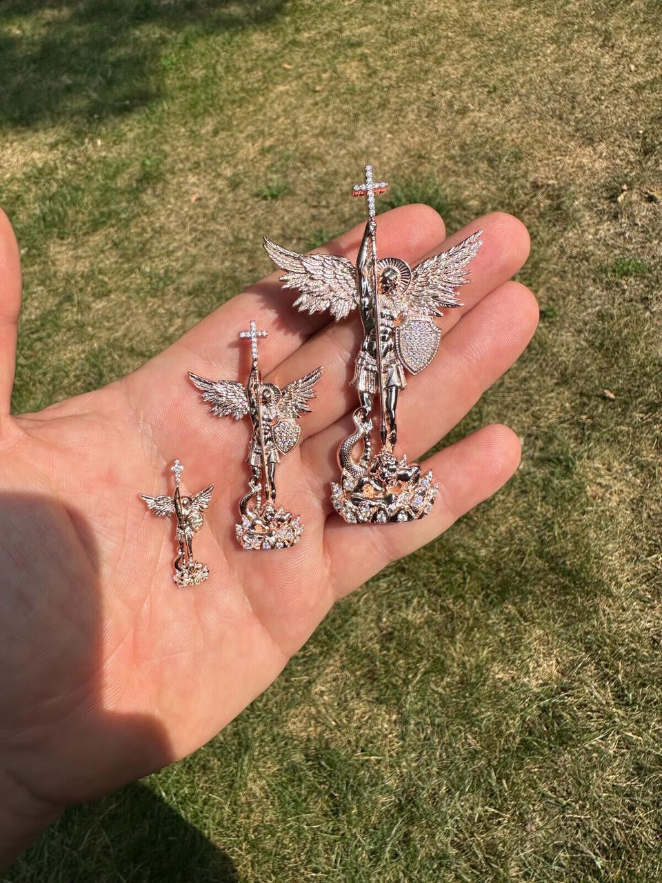 Hip Hop Real Iced MOISSANITE Saint Michael & Dragon Pendant 14k Rose Gold 925 Silver