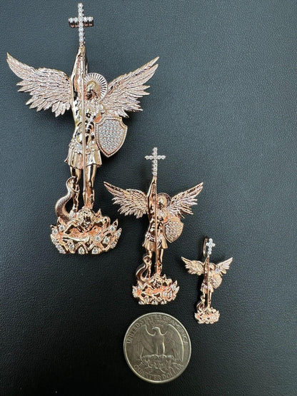 Hip Hop Real Iced MOISSANITE Saint Michael & Dragon Pendant 14k Rose Gold 925 Silver