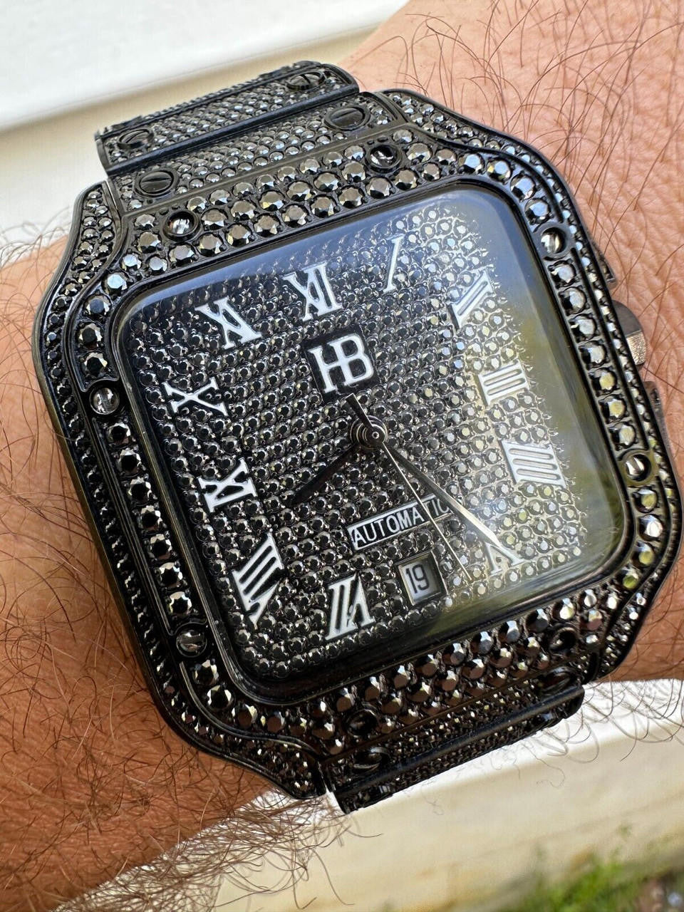 Hip Hop Real Mens 16ct Black MOISSANITE Watch Iced Automatic Movement Hip Hop Bust Down