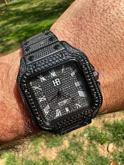 Hip Hop Real Mens 16ct Black MOISSANITE Watch Iced Automatic Movement Hip Hop Bust Down