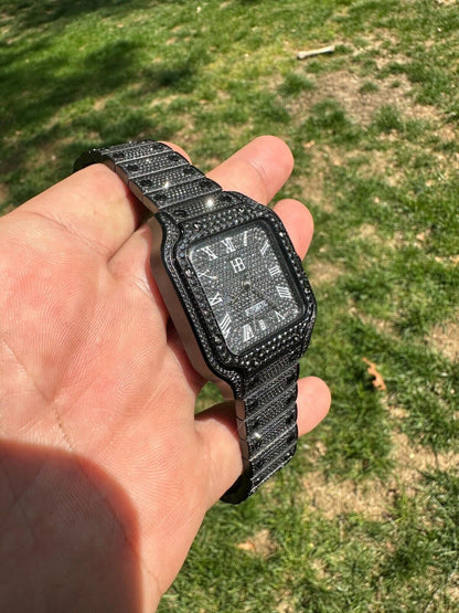 Hip Hop Real Mens 16ct Black MOISSANITE Watch Iced Automatic Movement Hip Hop Bust Down