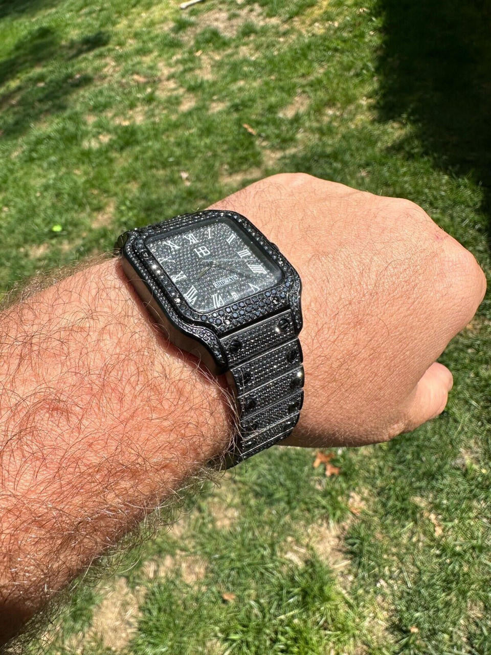 Hip Hop Real Mens 16ct Black MOISSANITE Watch Iced Automatic Movement Hip Hop Bust Down