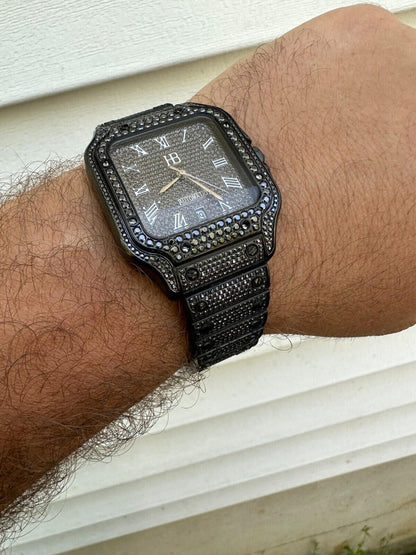 Hip Hop Real Mens 16ct Black MOISSANITE Watch Iced Automatic Movement Hip Hop Bust Down