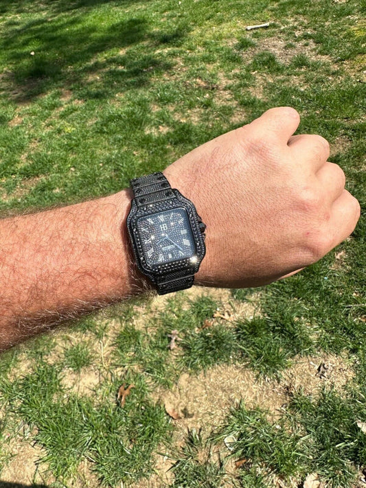 Hip Hop Real Mens 16ct Black MOISSANITE Watch Iced Automatic Movement Hip Hop Bust Down