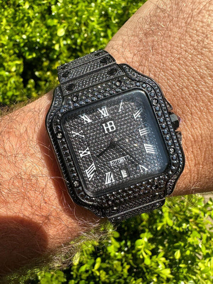 Hip Hop Real Mens 16ct Black MOISSANITE Watch Iced Automatic Movement Hip Hop Bust Down