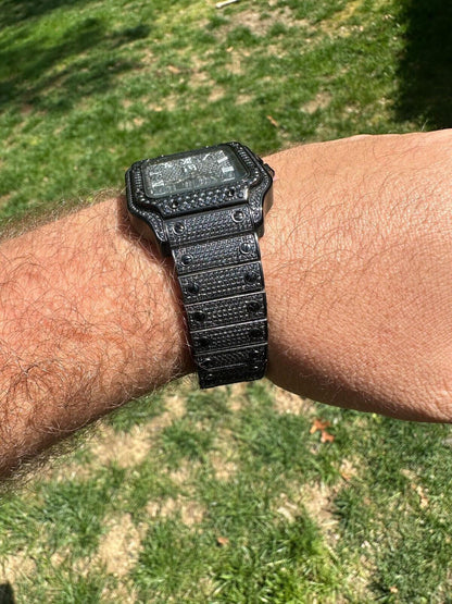 Hip Hop Real Mens 16ct Black MOISSANITE Watch Iced Automatic Movement Hip Hop Bust Down