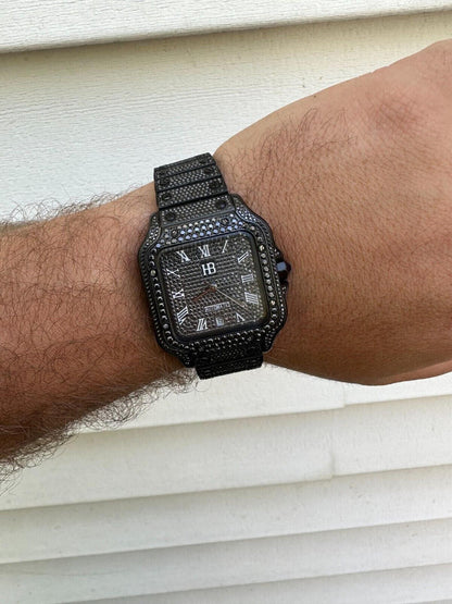 Hip Hop Real Mens 16ct Black MOISSANITE Watch Iced Automatic Movement Hip Hop Bust Down