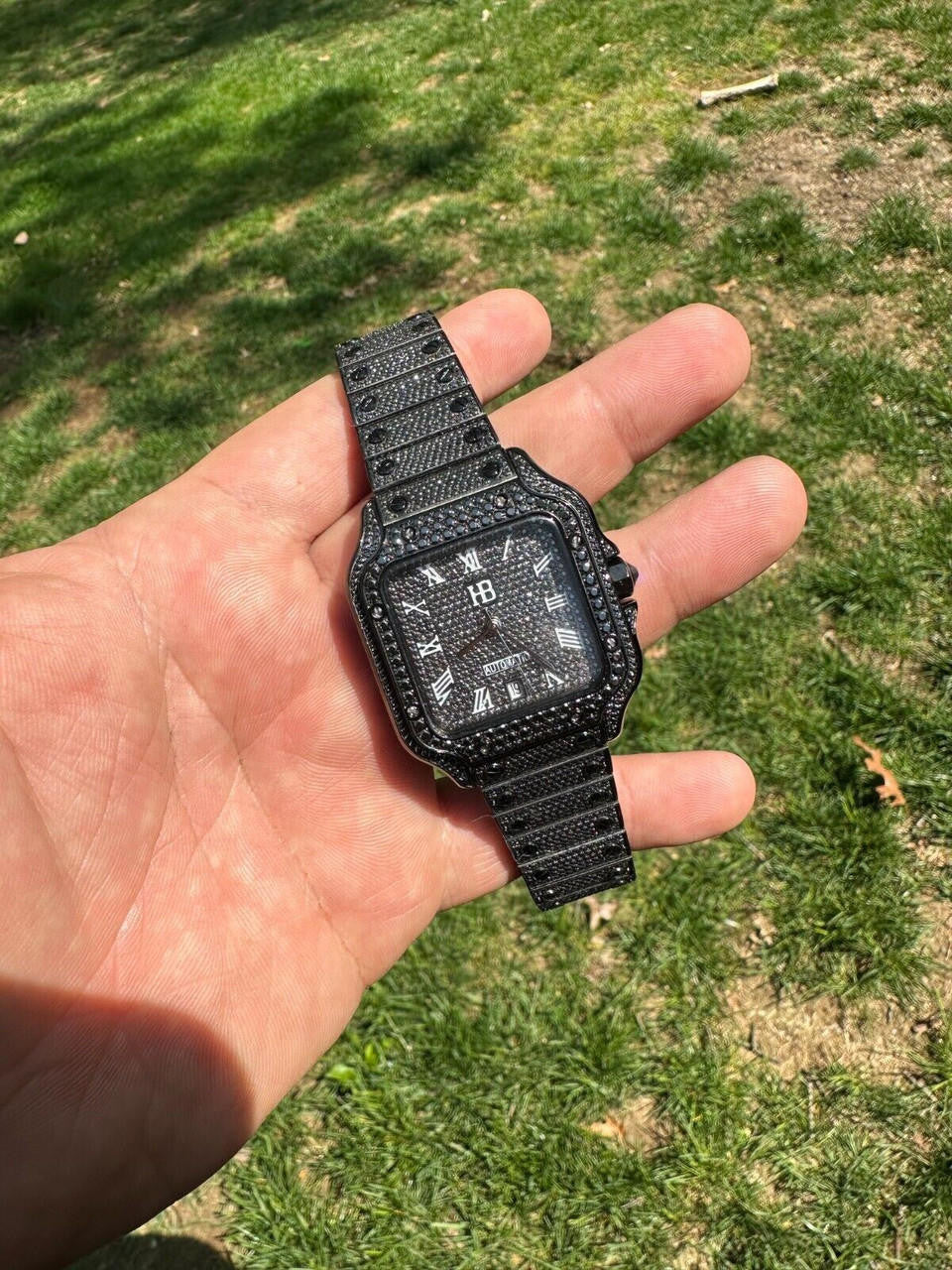 Hip Hop Real Mens 16ct Black MOISSANITE Watch Iced Automatic Movement Hip Hop Bust Down