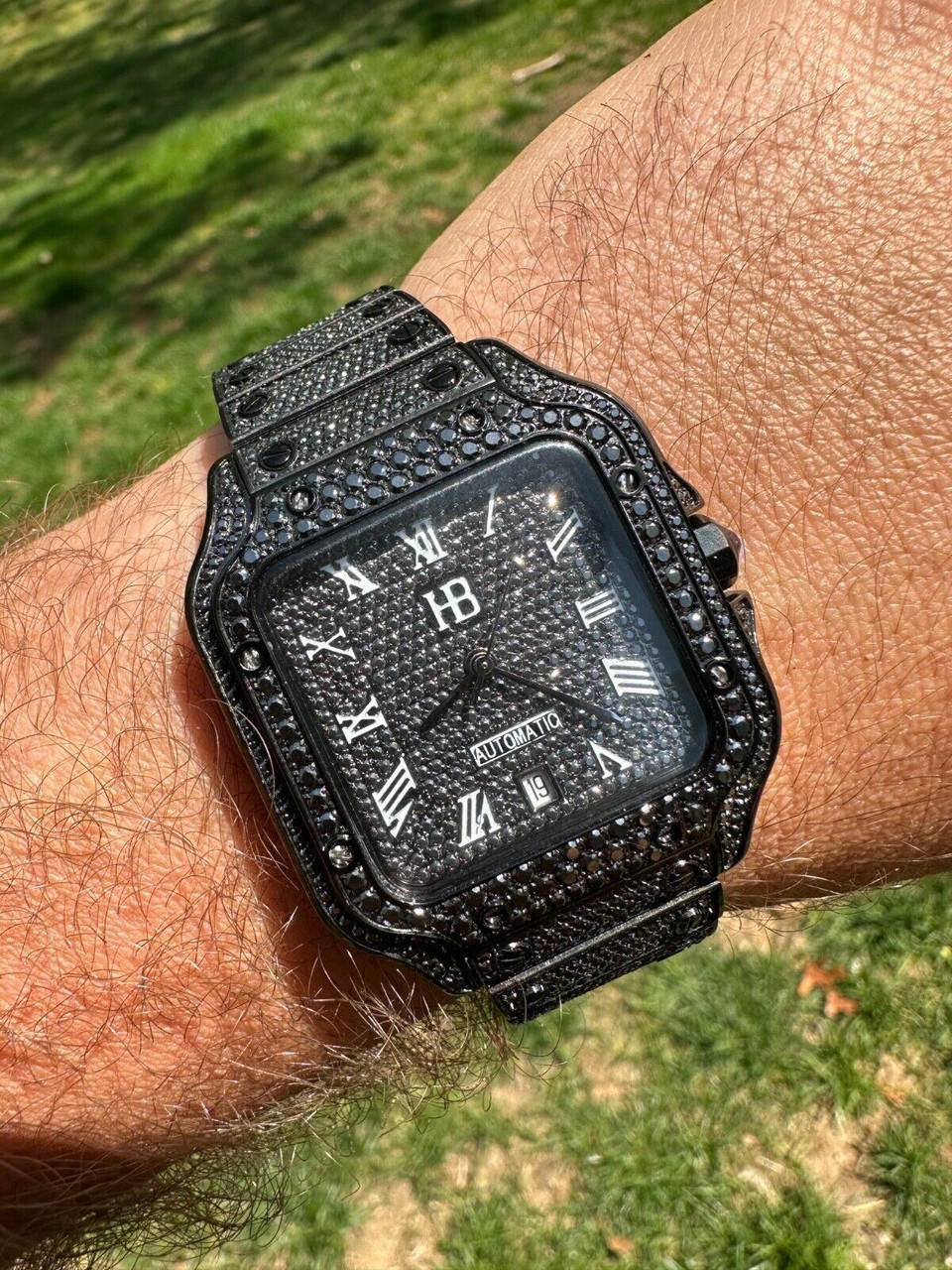 Hip Hop Real Mens 16ct Black MOISSANITE Watch Iced Automatic Movement Hip Hop Bust Down