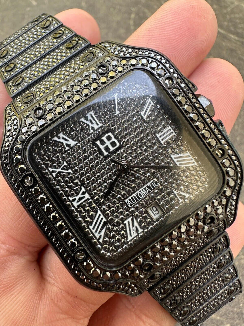 Hip Hop Real Mens 16ct Black MOISSANITE Watch Iced Automatic Movement Hip Hop Bust Down