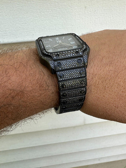 Hip Hop Real Mens 16ct Black MOISSANITE Watch Iced Automatic Movement Hip Hop Bust Down