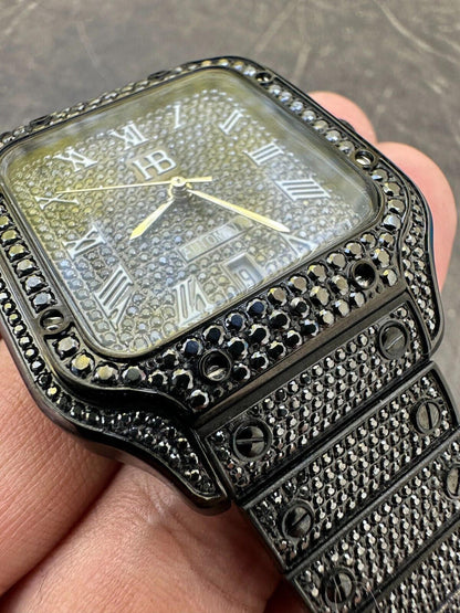 Hip Hop Real Mens 16ct Black MOISSANITE Watch Iced Automatic Movement Hip Hop Bust Down