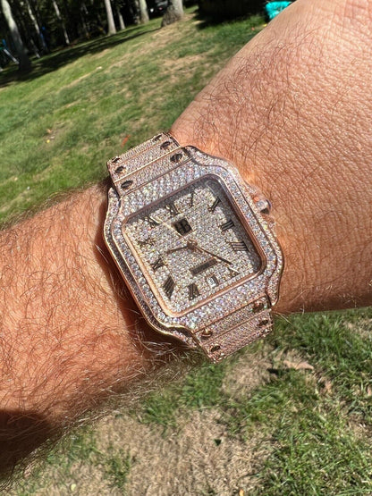 Hip Hop Real Mens 16ct VVS MOISSANITE Watch Iced Automatic Movement Hip Hop Rose Gold