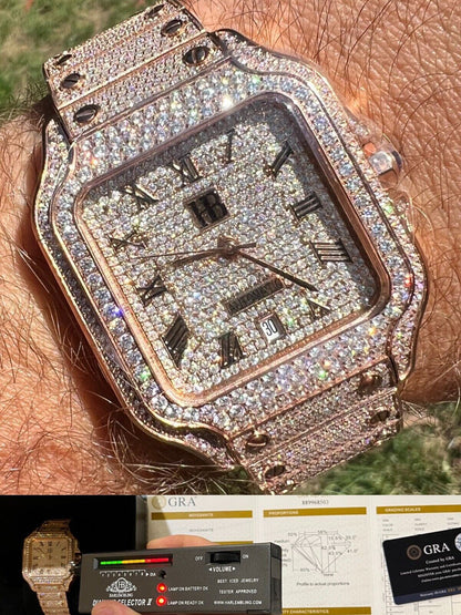 Hip Hop Real Mens 16ct VVS MOISSANITE Watch Iced Automatic Movement Hip Hop Rose Gold