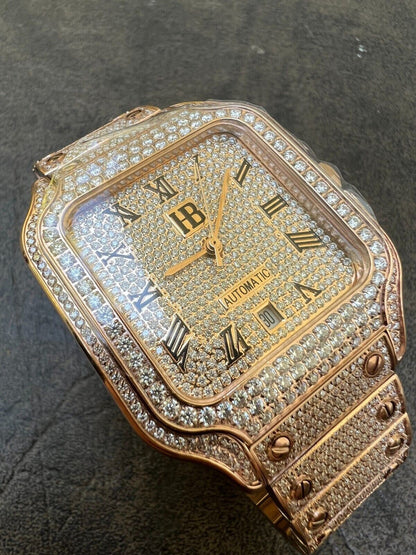 Hip Hop Real Mens 16ct VVS MOISSANITE Watch Iced Automatic Movement Hip Hop Rose Gold