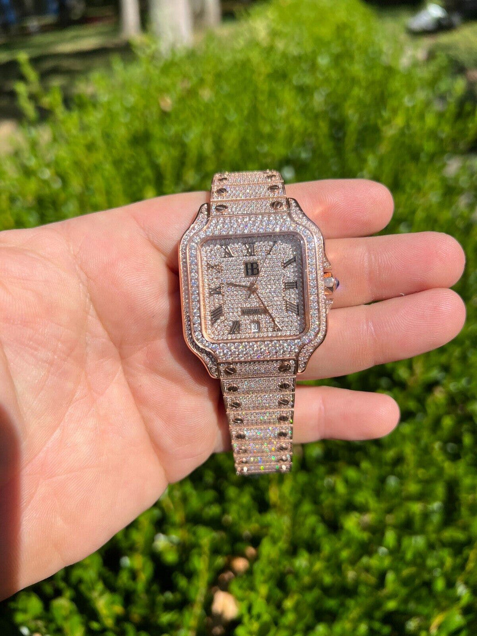 Hip Hop Real Mens 16ct VVS MOISSANITE Watch Iced Automatic Movement Hip Hop Rose Gold