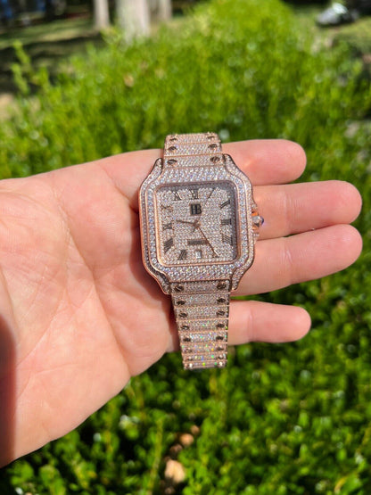 Hip Hop Real Mens 16ct VVS MOISSANITE Watch Iced Automatic Movement Hip Hop Rose Gold